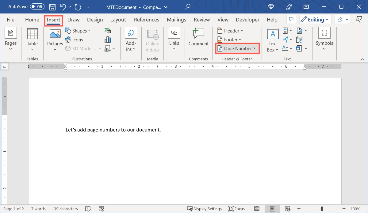 Page Number on the Word Insert tab on Windows