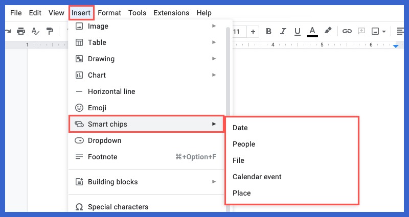 Smart Chips menu in Google Docs