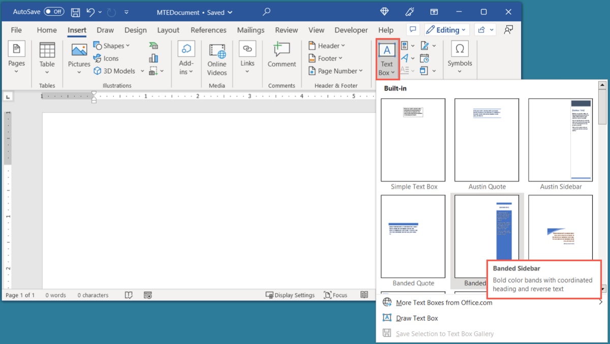 Text box built-in options in Word