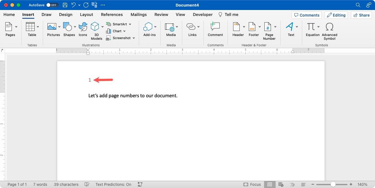 Inserted page number in Word on Mac