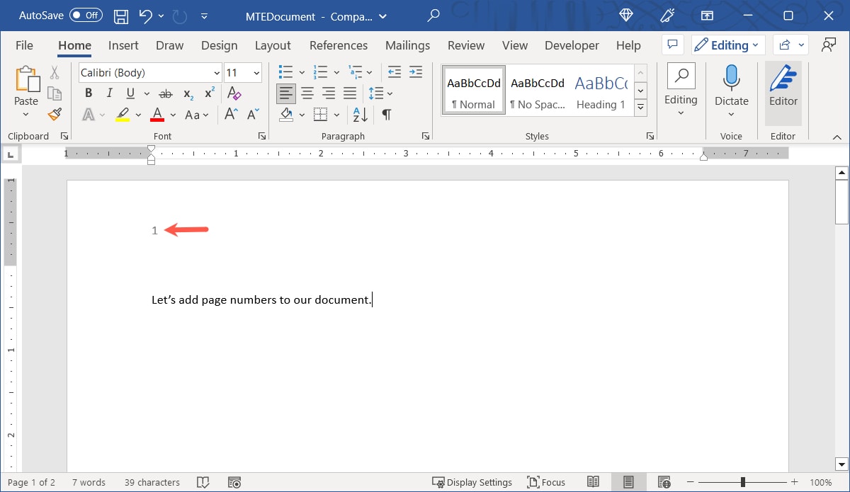 Inserted page number in Word on Windows
