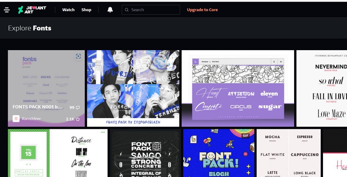 DeviantArt selection of fonts for downloading in Windows.