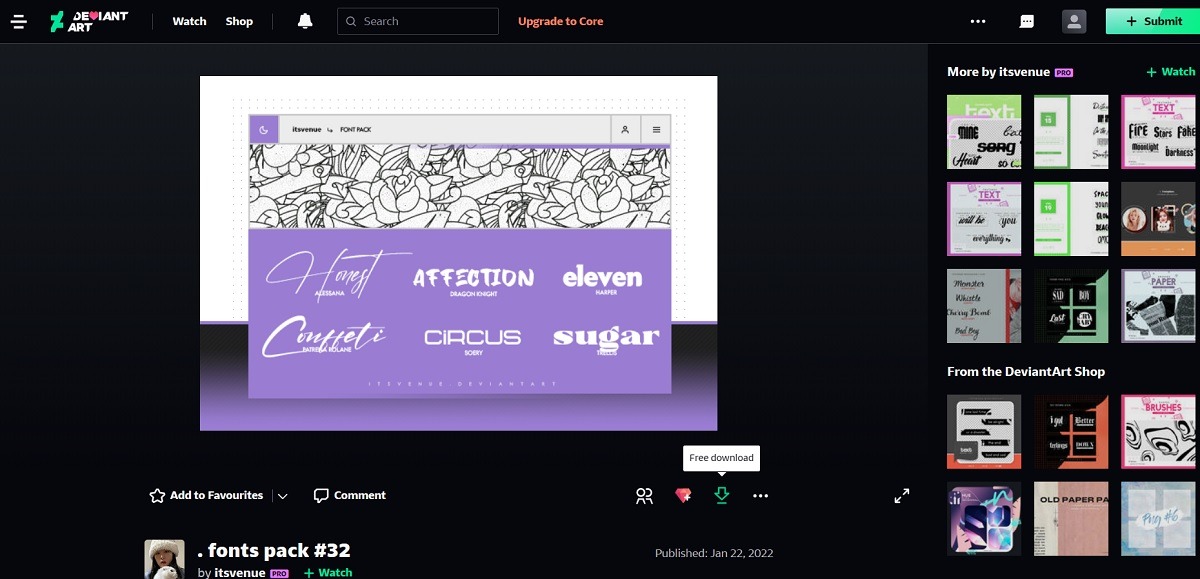 Free download button in DeviantArt fonts download page.