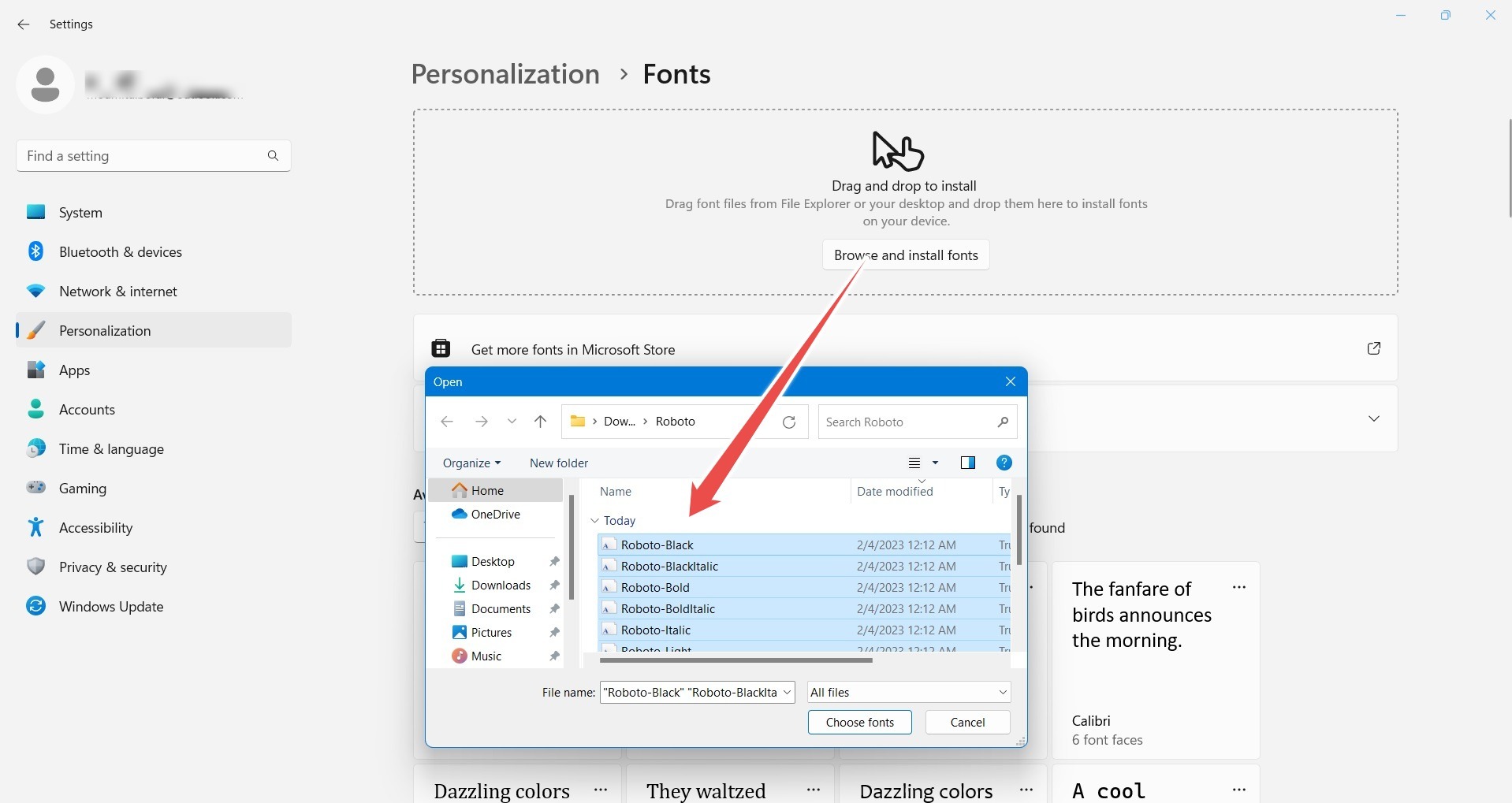 Google Fonts imported in Windows 11 by means of File Explorer.