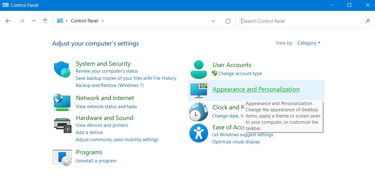 Selecting Appearance and Personalization In Control Panel