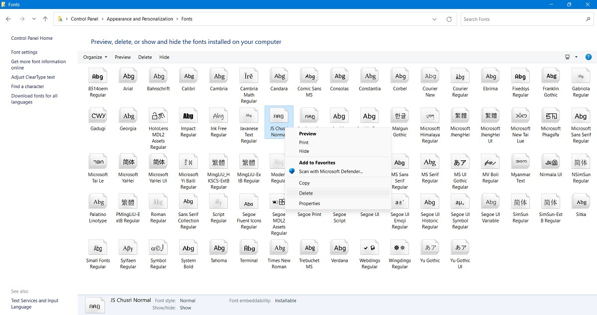 Delete fonts in Control Panel's Font menu selection. 