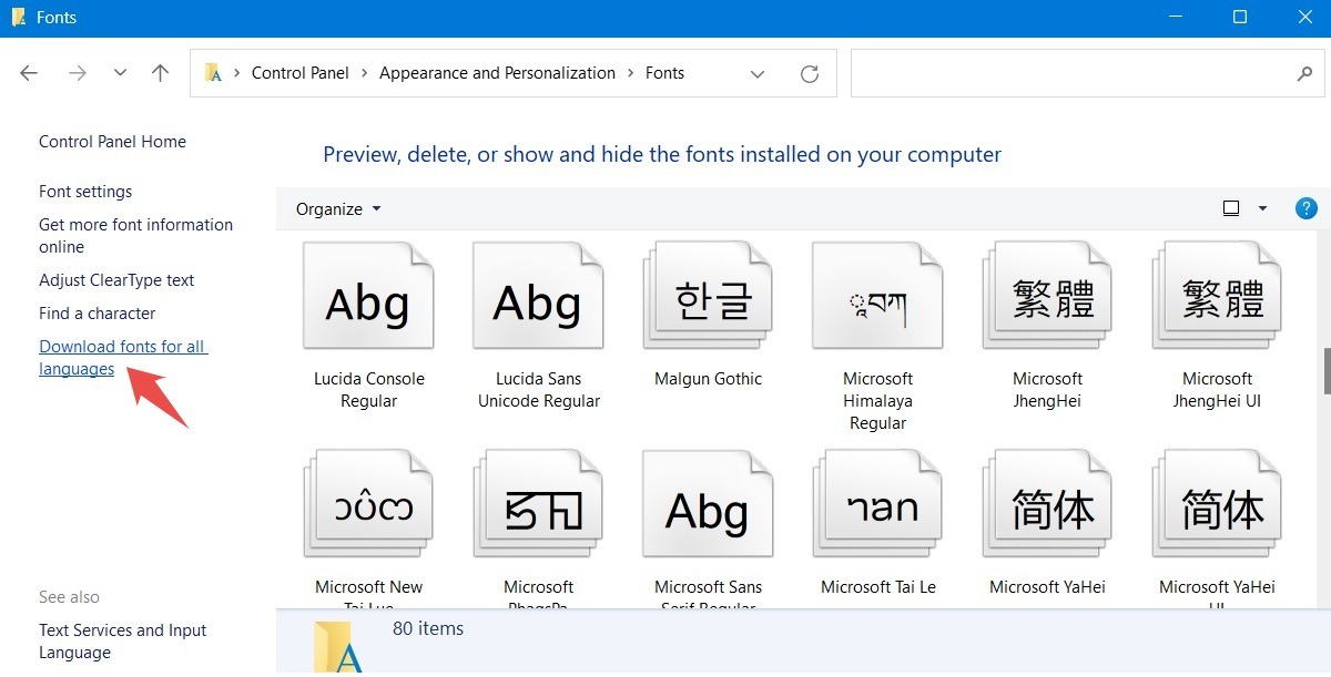 Download fonts for all languages in Control Panel. 