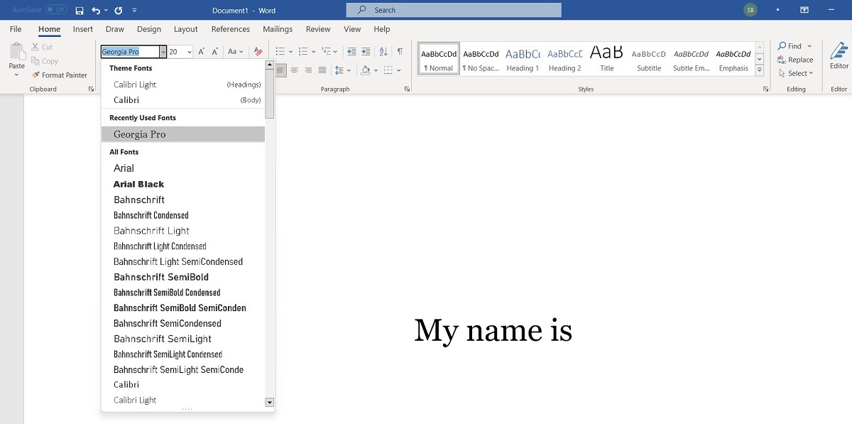 Font downloaded from Microsoft Store visible in Word document. 