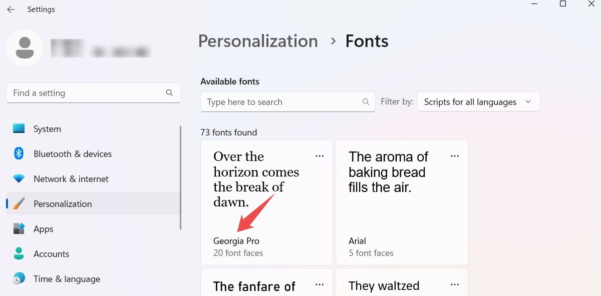 Font downloaded from Microsoft Store visible in Font Personalization settings.