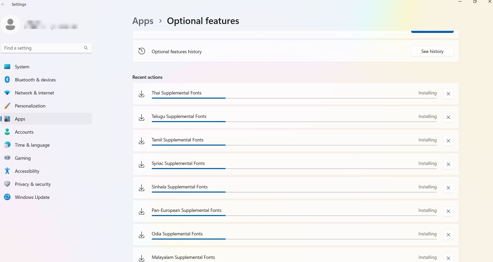 Downloading All Fonts in Settings Personalization window. 