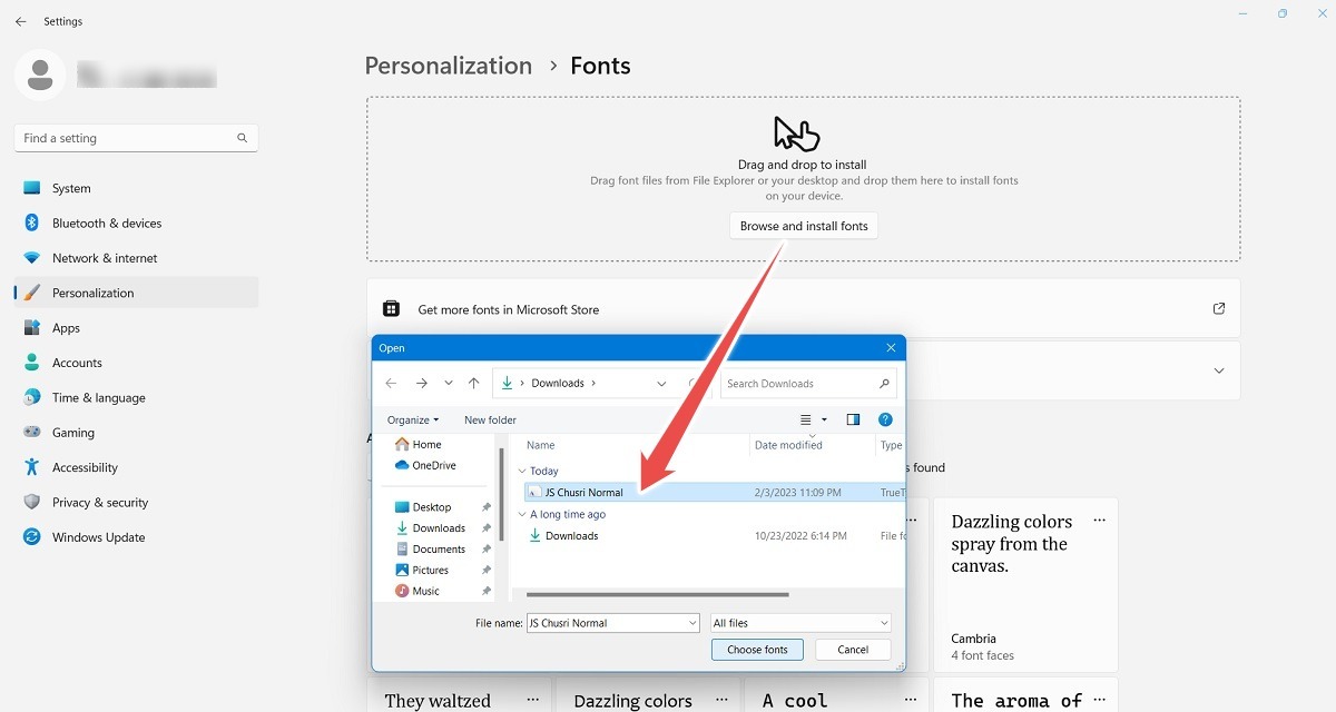 Drag and drop fonts downloaded from Microsoft Store. 