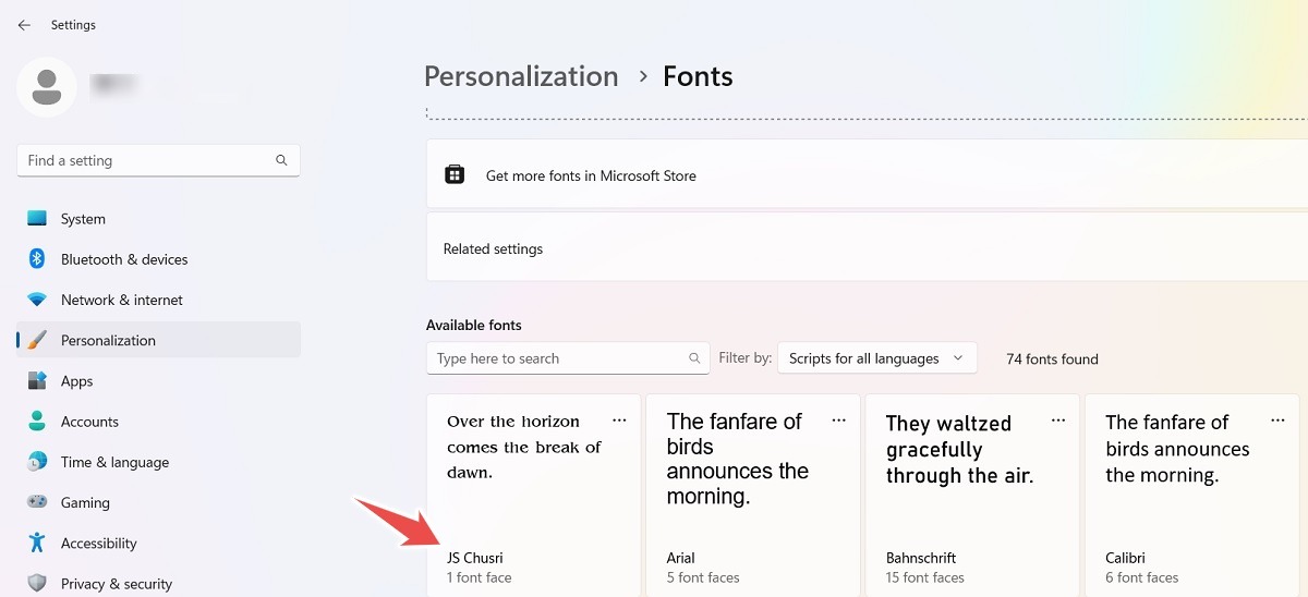 Font imported via File Explorer visible in fonts personalization window. 