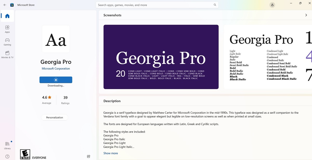 Downloading selected font in Microsoft Store.