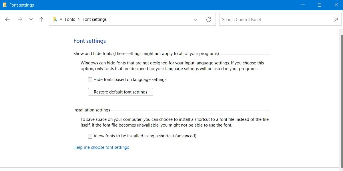 Font and installation settings in detail.