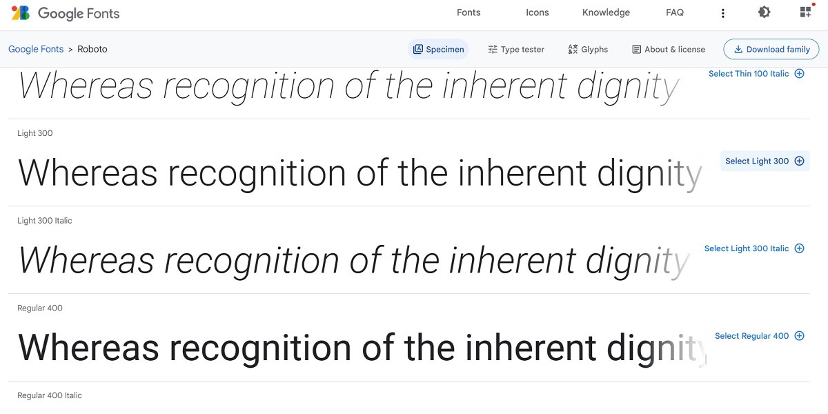 Download Google Fonts as a family or specimens. 