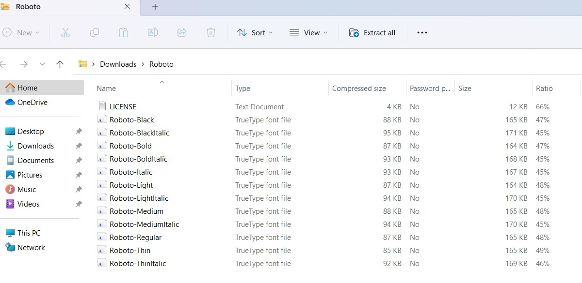 Downloaded Google Fonts in Windows 11 Downloads folder. 