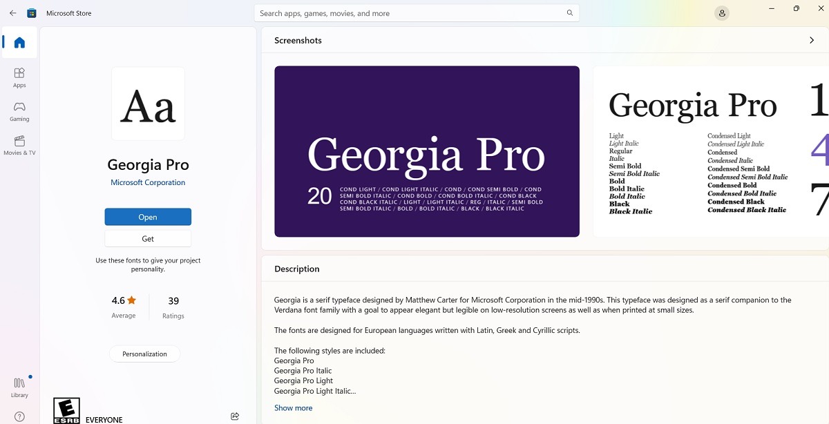 Font installation complete. Can open downloaded font in Microsoft Store.