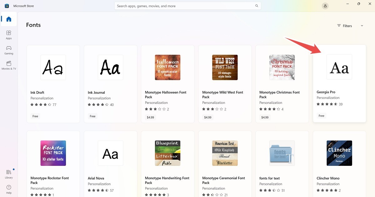 Select a font from the list of fonts in Microsoft Store. 