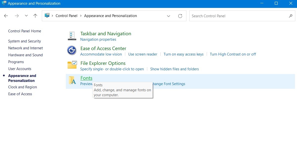 Selecting Fonts menu in Control Panel's Appearance and Personalization