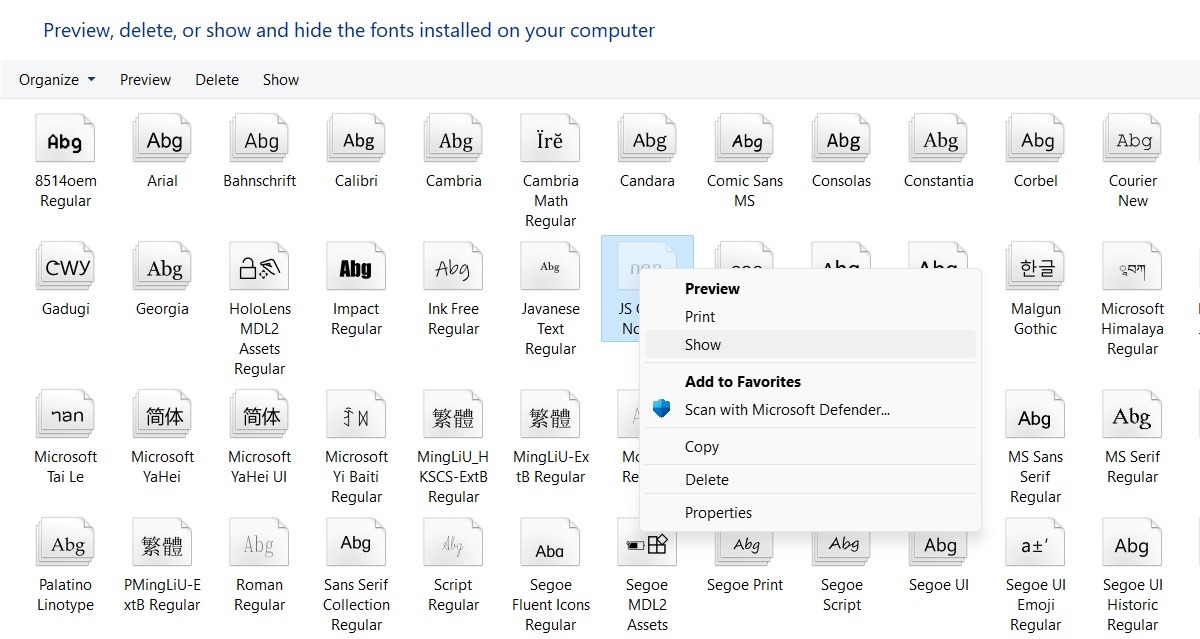 Show fonts in Control Panel by right-clicking the font. 