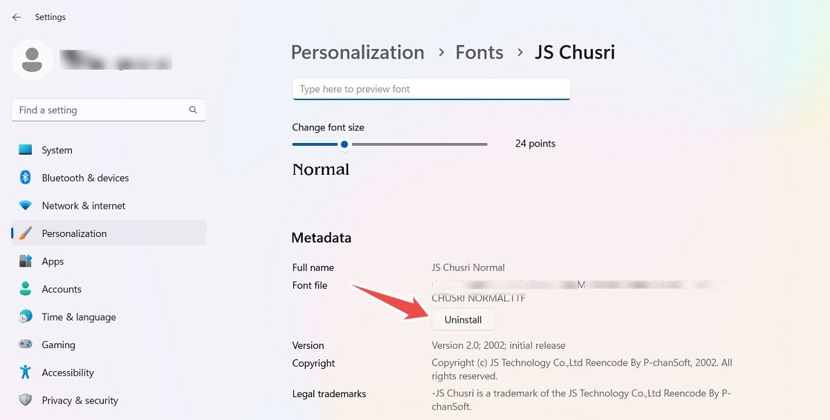 Uninstall selected fonts in Windows 11 Personalization window. 