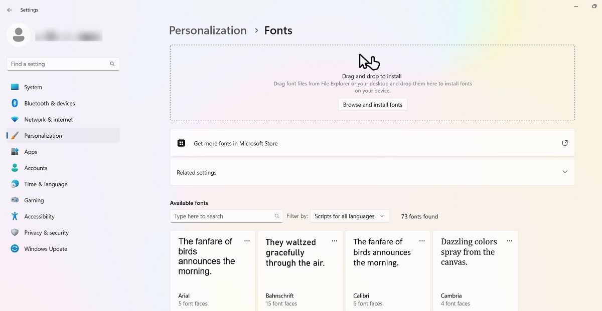 Windows 11 personalization settings for fonts.