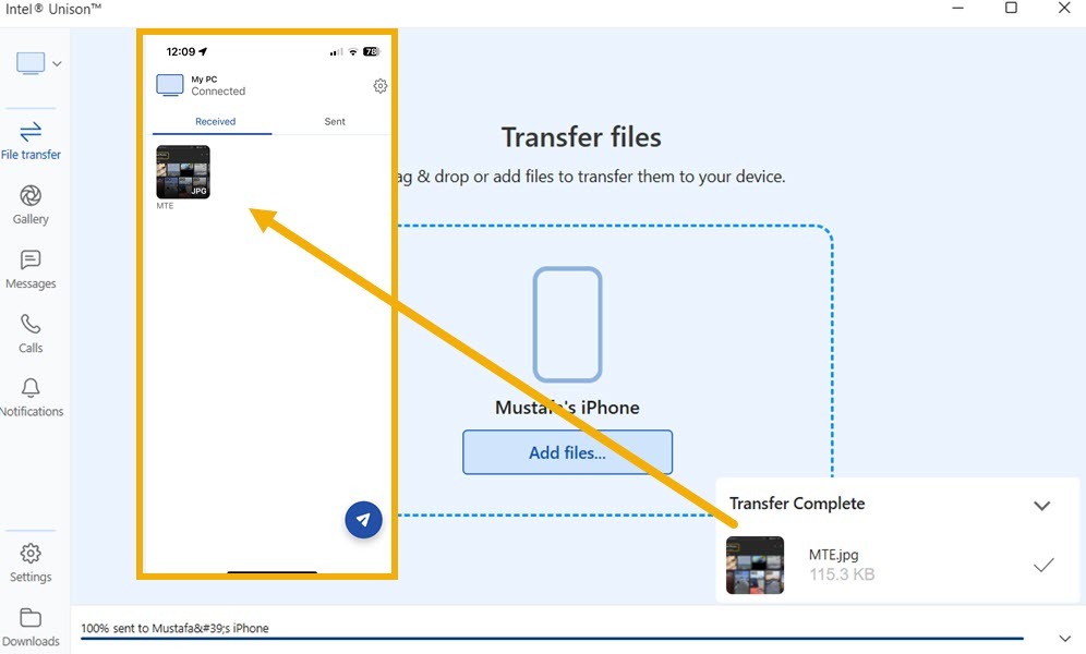 Drag-and-dropping files into Intel Unison for Windows.