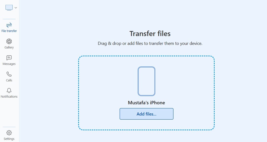 "Transfer files" option inside Intel Unison app for Windows.