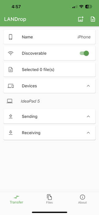 LANDrop interface on iPhone.
