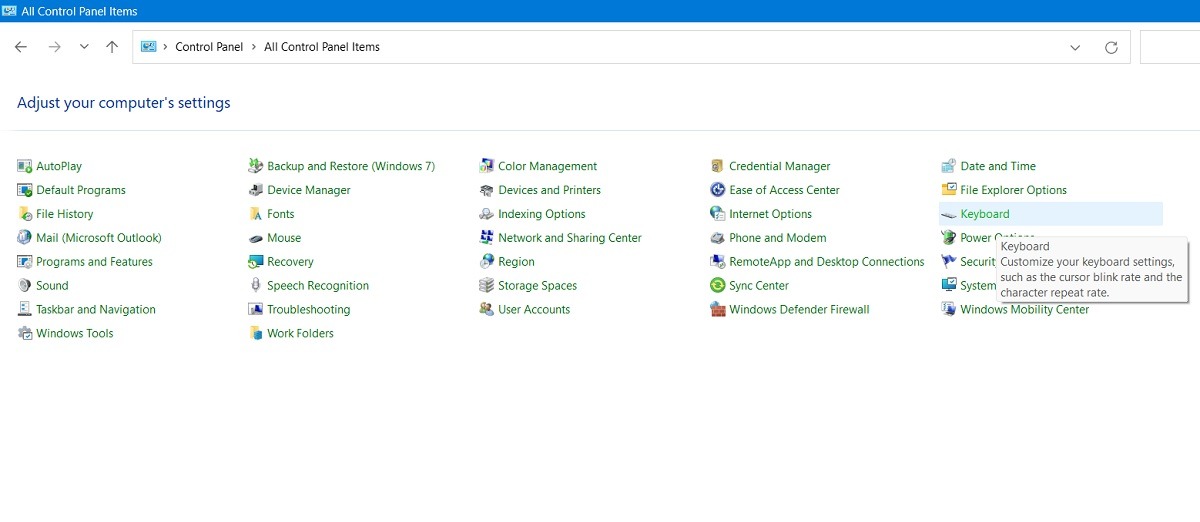Open keyboard settings in Control Panel from its small icons. 