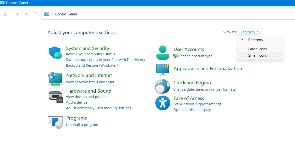 View Control Panel's small icons.