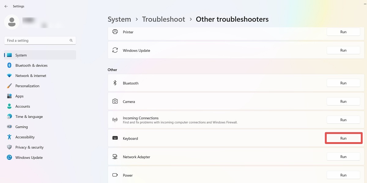 Run keyboard troubleshooter in Windows 11 Other troubleshooters menu.