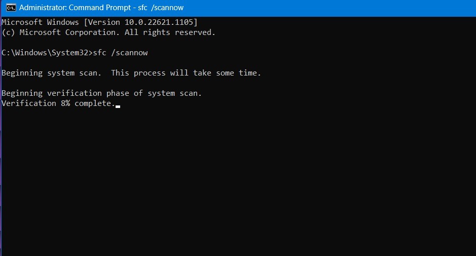 System File Checker command in Administrator mode in Windows 11.