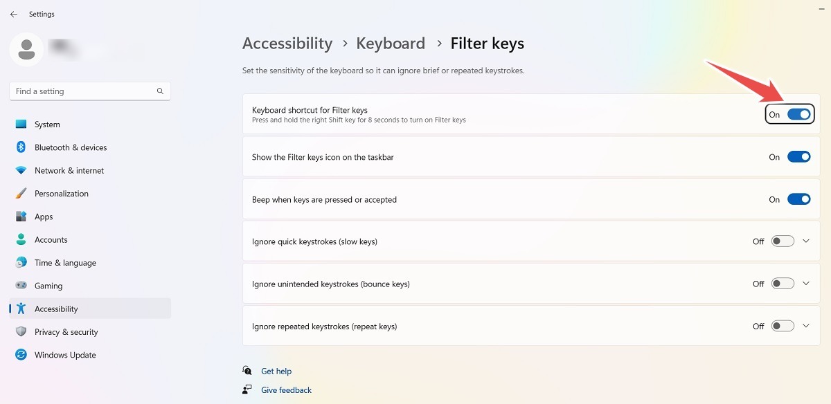 Turn off Filter keys in keyboard for the Windows 11 device. 