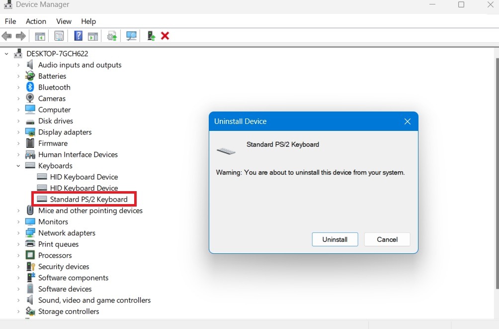 Uninstall keyboard driver from Device Manager in Windows 11.