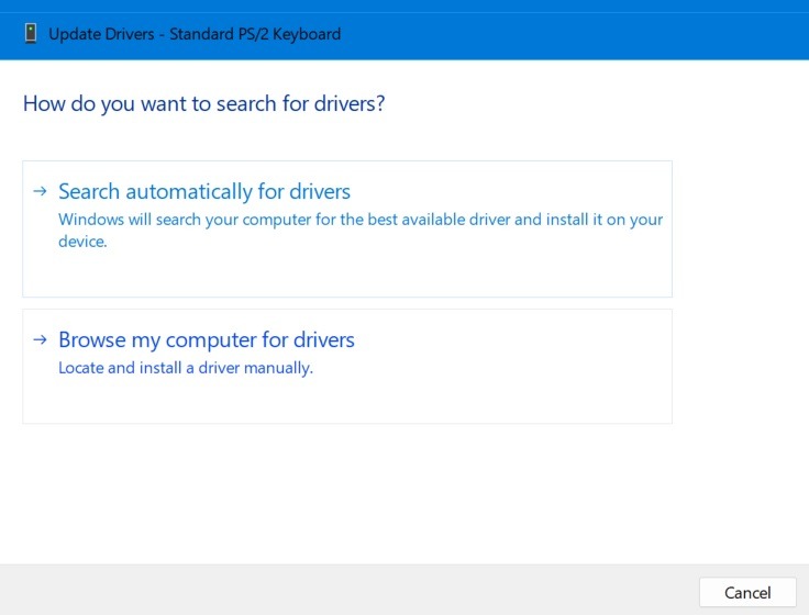 Search automatically for drivers of keyboard in Windows 11.