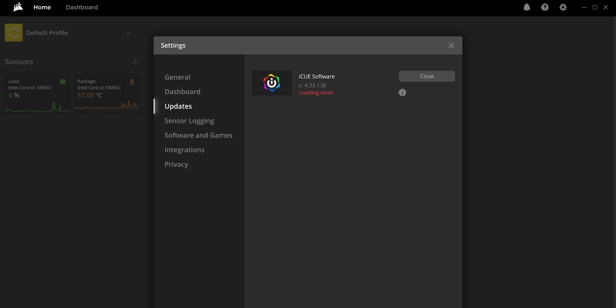 iCUE software to enable various settings on a laptop.