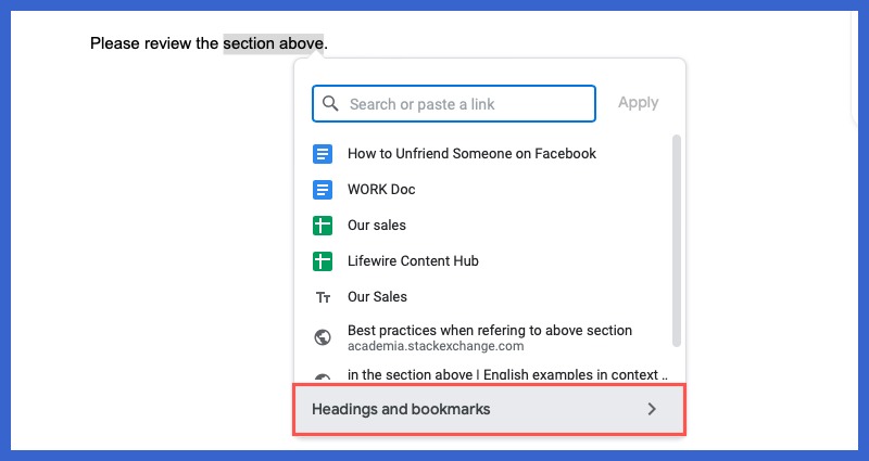 Headings and Bookmarks in the link box