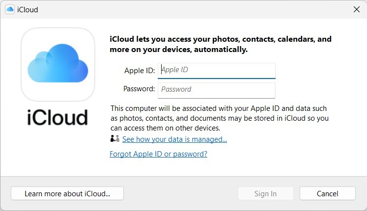 Logging in with Apple ID in iCloud for Windows.