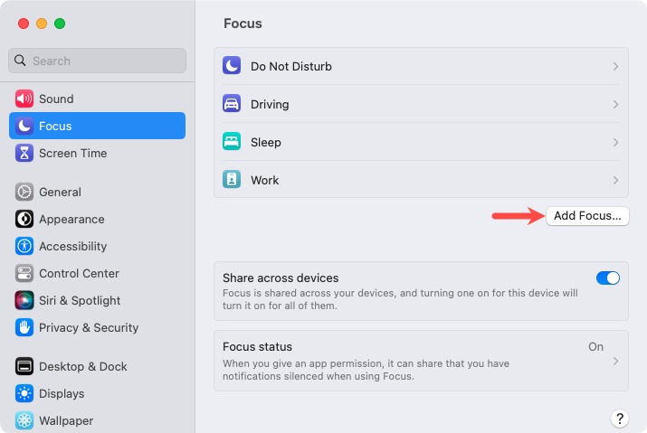 Add Focus in the Mac Settings