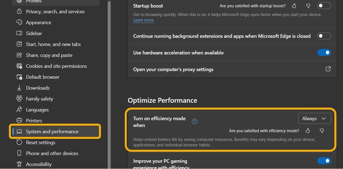 Enabling the "Turn on efficiency mode when" under "Optimize Performance" section of Microsoft Edge. 