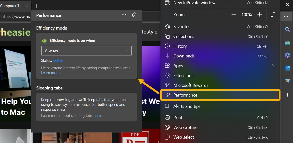 Bringing up the "Performance" pop-up from main Edge menu.