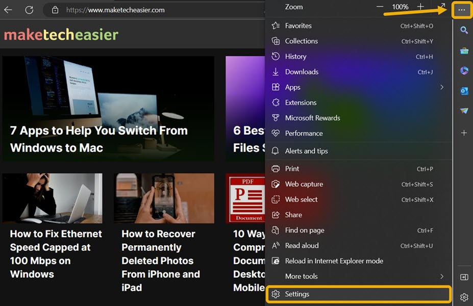 Clicking on Settings in Microsoft Edge. 