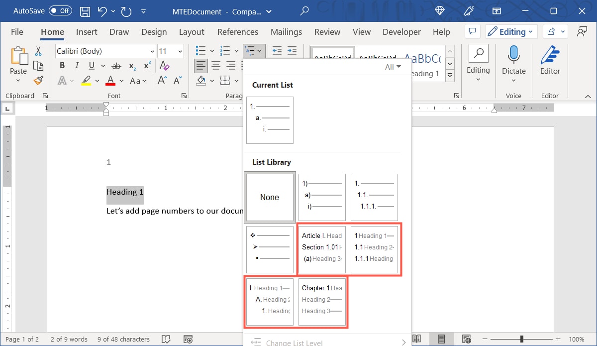 Multilevel List Heading Chapter, and Article options
