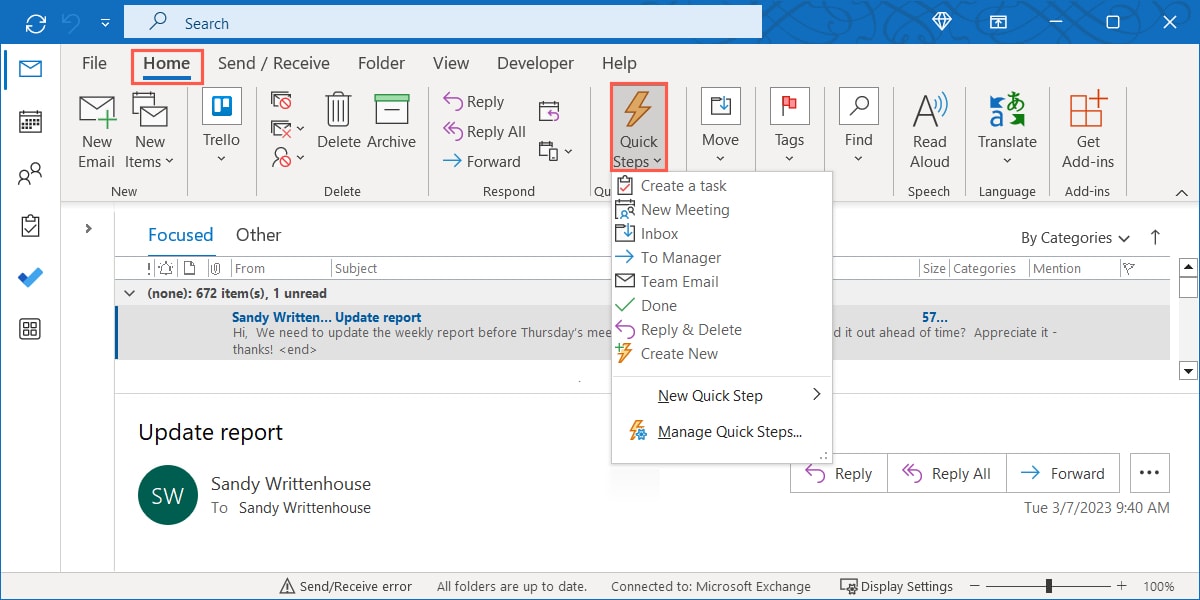 Quick Steps on the Home tab