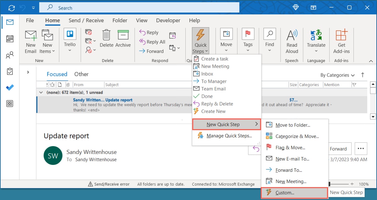 Custom in the New Quick Step menu