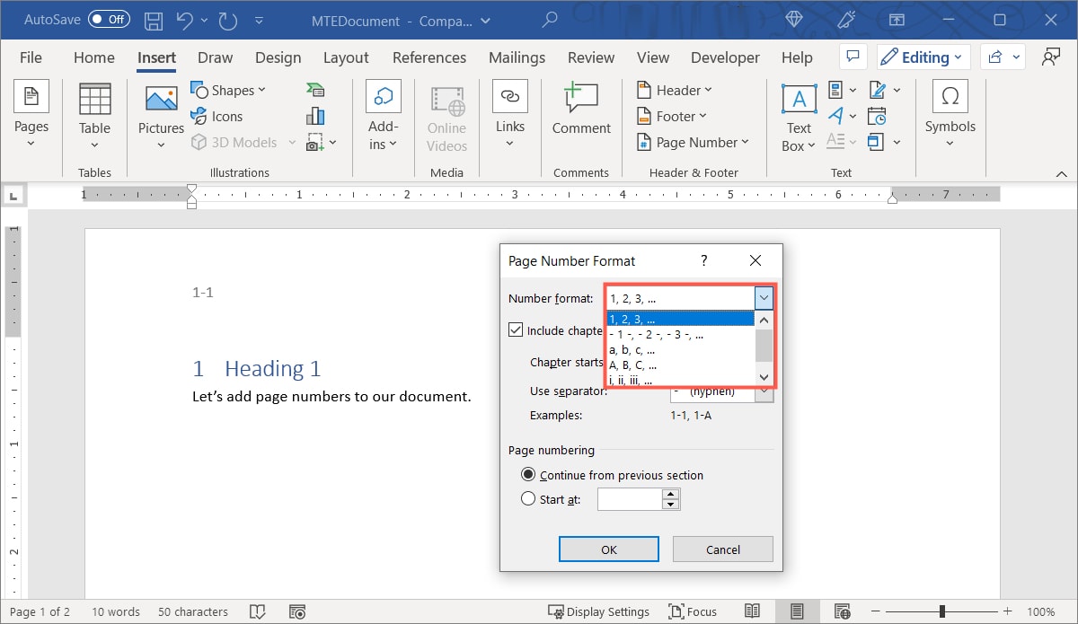 Page Number Format options