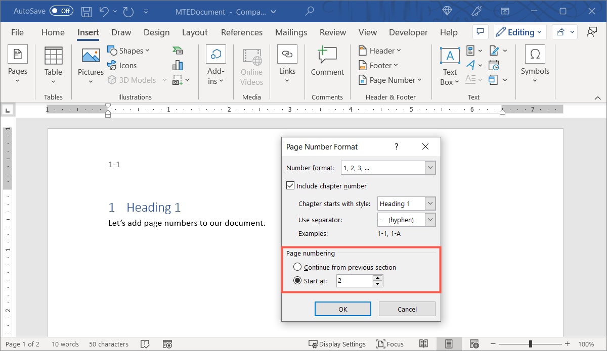 Page Numbering options