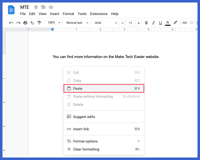 Paste in the Google Docs shortcut menu