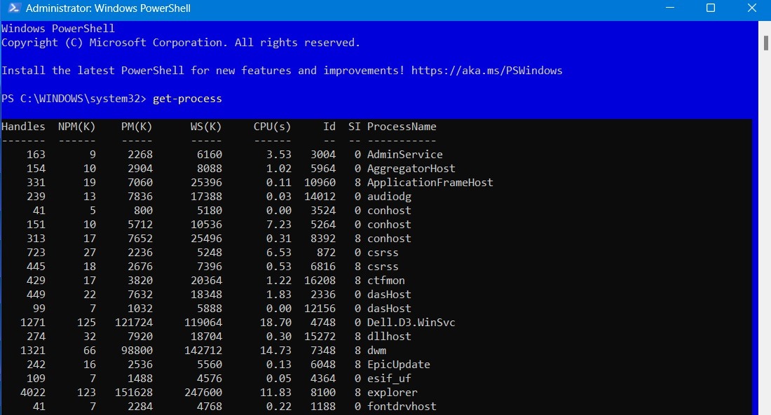 A Simple PowerShell window is Admin mode, with get-process command displayed.